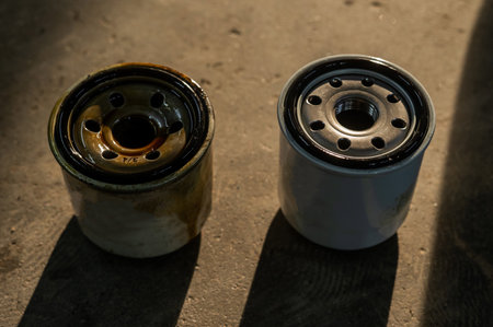 Old and new car oil filter. No peopleの写真素材