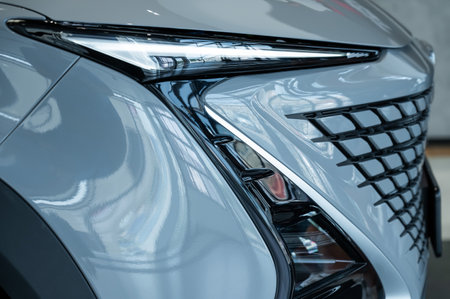 Close-up of the headlight of a white modern car