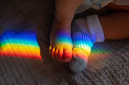 A man holds his newborn son by the leg. Beam of light through a prismの写真素材