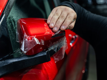 The master applies vinyl film to the side view mirror of a carの写真素材