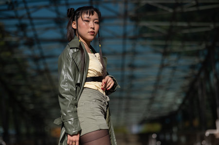 A beautiful Asian woman in shorts and a green leather coat comes out of the subway