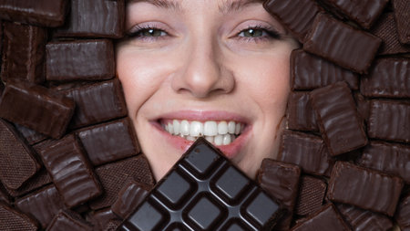 The face of a caucasian woman surrounded by chocolates. The girl eats a bar of chocolateの写真素材