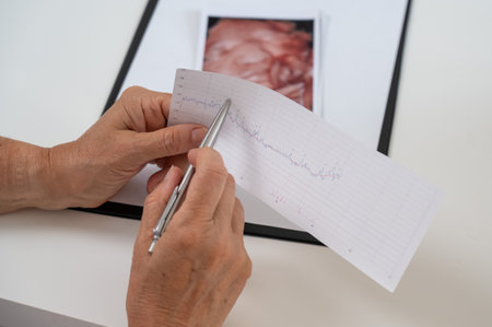 The doctor looks at the fetal cardiotocographyの写真素材
