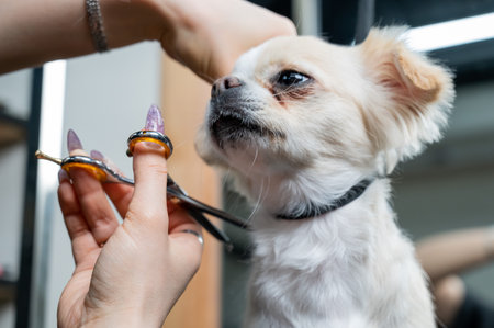 Woman cutting cute shorthair chihuahua dog in grooming salonの写真素材