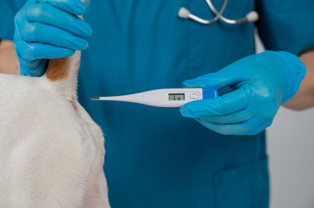 A veterinarian measures a dogs temperature rectally with an electronic thermometerの写真素材