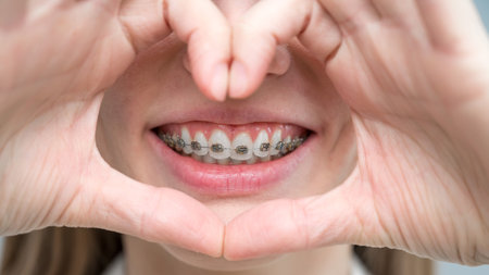 Caucasian woman in braces holding fingers in the shape of a heartの写真素材