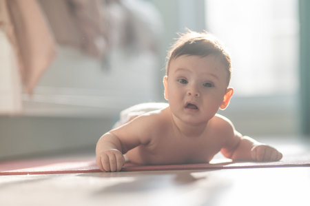Cute little boy lying on his forearms on the floor