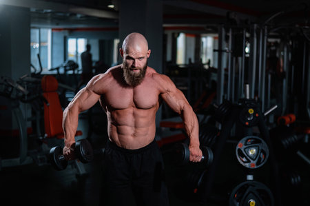 A muscular shirtless man lifts dumbbells to the sides with dumbbells in the gymの写真素材