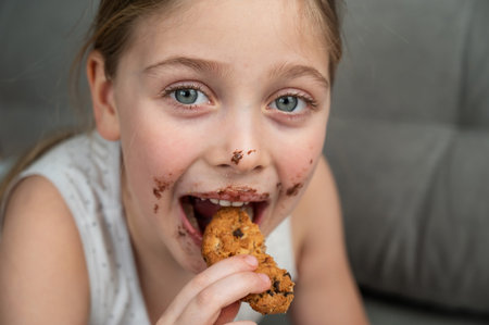 A cute little girl smeared in chocolate eats cookies while lying on the sofa