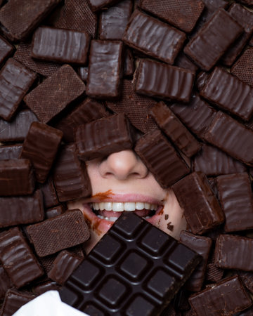 The face of a caucasian woman surrounded by chocolates. The girl eats a bar of chocolateの写真素材