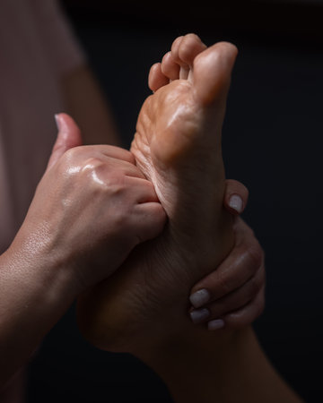 Close-up of a womans foot massage. Vertical photoの写真素材