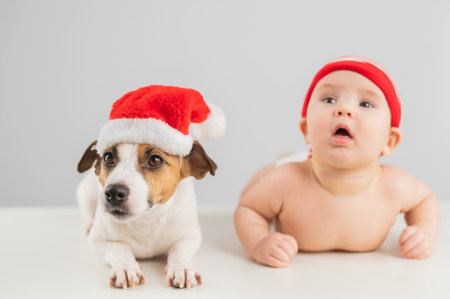 Cute little boy and Jack Russell terrier dog in santa hats on white backgroundの写真素材