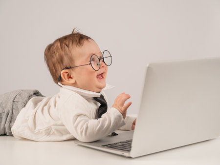 Cute baby in glasses and suit working on laptopの写真素材