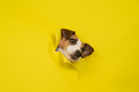 Cute Jack Russell Terrier dog tearing up yellow cardboard backgroundの写真素材