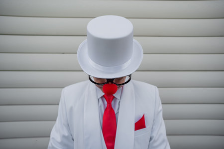 Portrait of a clown in a white classic suit and a vintage high hatの写真素材