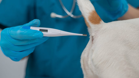 A veterinarian measures a dogs temperature rectally with an electronic thermometer