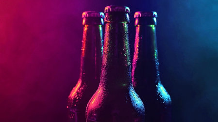 Three bottles of beer spinning in blue pink fogの写真素材