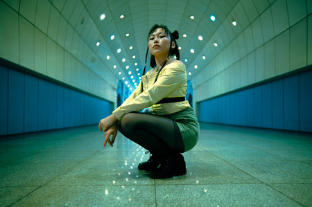 Asian young woman posing in the subway passageの写真素材