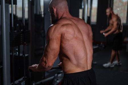 Bald Caucasian Bodybuilder doing heavy triceps exercises with cable