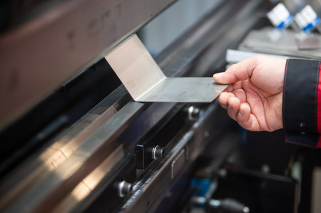 A master bends metal sheets on a machine. Hydraulic Pressの写真素材