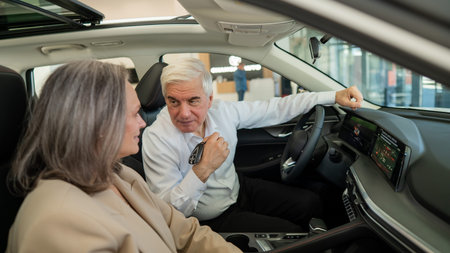 An elderly man holds the keys while sitting in a new car. A gray-haired married couple is happy...