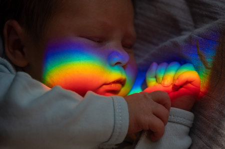 Close-up portrait of a newborn boy with a prism beam on his face. Rainbow