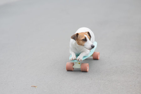 Jack Russell Terrier dog rides a penny board in the park