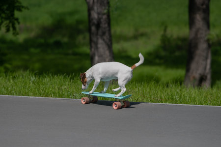 Jack Russell Terrier dog rides a penny board in the parkの写真素材