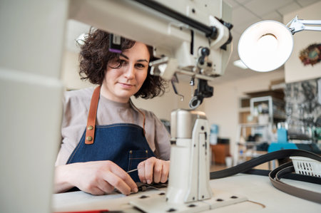 A woman tanner sews a leather belt on a sewing machineの写真素材