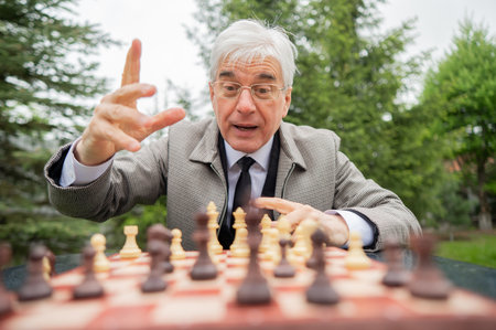 Elderly Caucasian man playing chess outdoorsの写真素材