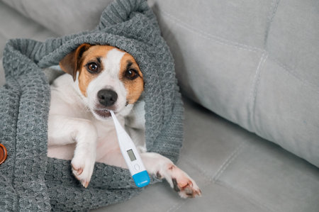 Jack Russell Terrier dog measures temperature wrapped in a blanketの写真素材