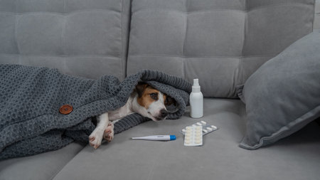 Jack Russell Terrier dog is sick lying on the sofa wrapped in a blanketの写真素材