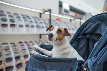 Jack Russell Terrier dog in a stroller in a sunglasses storeの写真素材