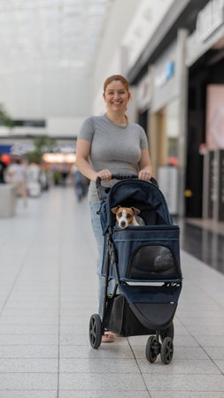 A Caucasian woman walks along the mall with her Jack Russell Terrier dog in a stroller. Vertical photo