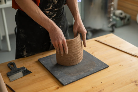 Close-up of a mans hands making a patterned cylinder out of clayの写真素材