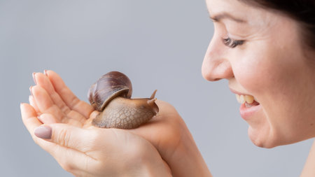 Closeup of a Caucasian woman holding a large snail. The use of shellfish in cosmetologyの写真素材