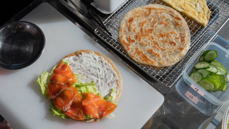 Flatbread stuffed with fish and cheese. Quesadillaの写真素材