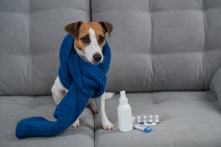 The Jack Russell Terrier dog is sick and sits on the sofa, wrapped in a scarfの写真素材