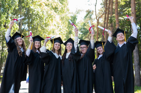 Row of young students in graduation gowns outdoors showing off their diplomasの写真素材