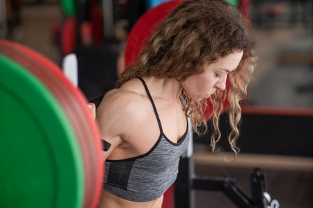 Middle-aged woman doing squats with a barbell in the gymの写真素材