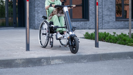 A woman in a wheelchair with a hand-control assist device carries a Spitz merle dog. Electric...