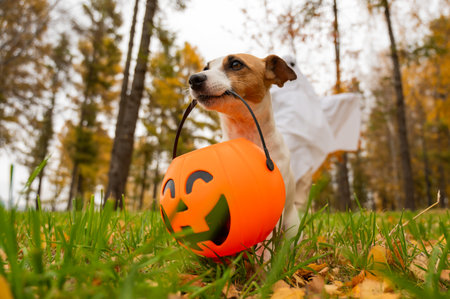 Woman in white sheet and jack russell terrier dog holding jack o latrine in autumn forest. Halloween costumeの写真素材