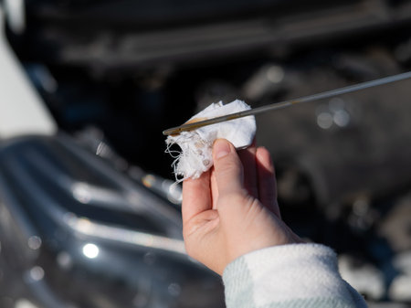 Close up of hands of female driver checking oil level in car engineの写真素材