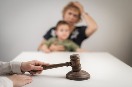 A judge hits a gavel against the backdrop of an elderly woman holding a childの写真素材