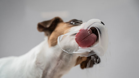 Jack Russell Terrier dog licking transparent glass on white backgroundの写真素材