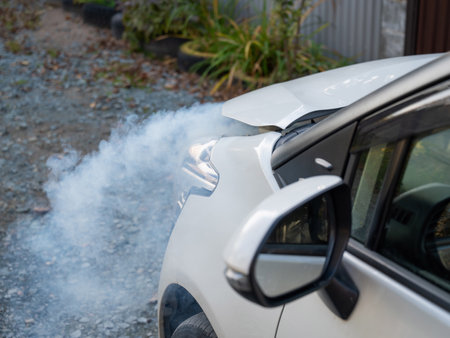 Smoke is coming from under the hood of the carの写真素材