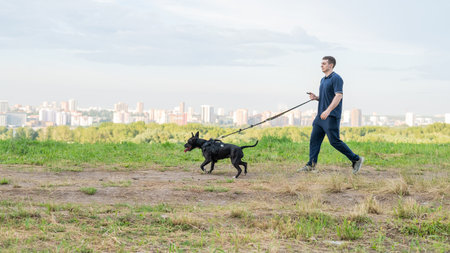 Man running with pit bull terrier outdoorsの写真素材
