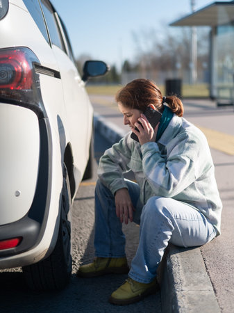 A Caucasian woman sits by a car wheel and calls for help on the phone