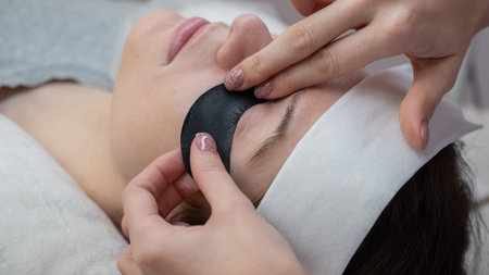 The master applies protective patches that do not let in ultraviolet rays before LED eyelash...
