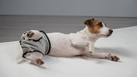 Jack Russell Terrier dog lying on bed in reusable diapersの写真素材